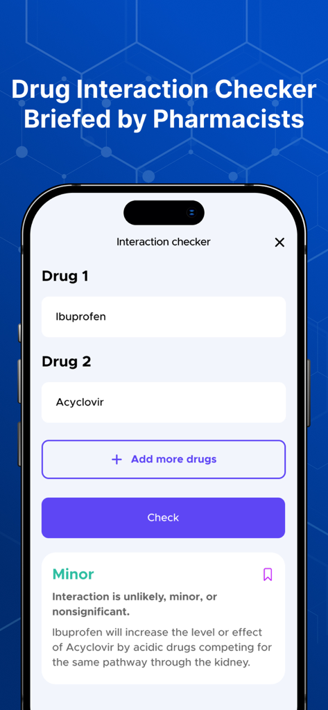 Medication List & Drug Guide - Pantalla de teléfono inteligente que muestra una verificación de interacción de medicamentos entre Ibuprofeno y Aciclovir