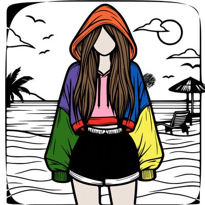 relistic girl in a oversized hoodie with long hair and shorts at the beach