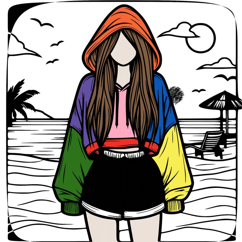 relistic girl in a oversized hoodie with long hair and shorts at the beach