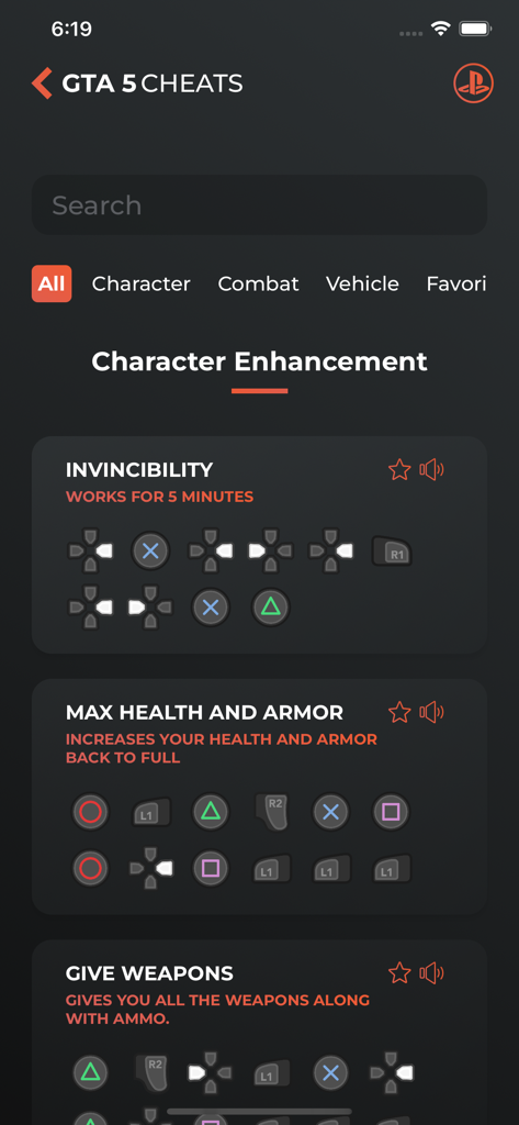 GTA 5 cheat codes for PlayStation displayed with game controller button icons
