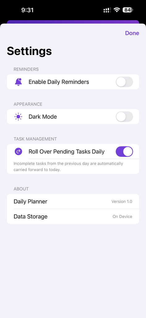 Daily Planner - My Day - Daily Planner My Day settings screen showing task roll over and privacy options