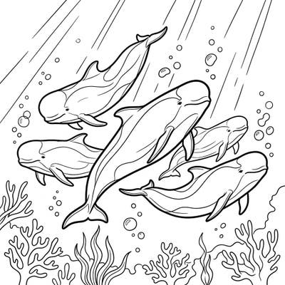 Discover the wonders of the deep blue sea with this captivating coloring page featuring a pod of majestic Pilot Whales. Explore their social world as they glide through sunlit waters, ready for your creative touch.
