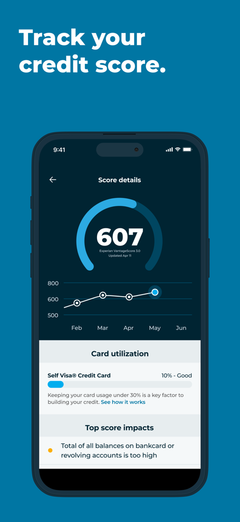 Una interfaz móvil de la aplicación Self mostrando un puntaje de crédito de 607 con un gráfico de progreso y métricas de utilización de la tarjeta
