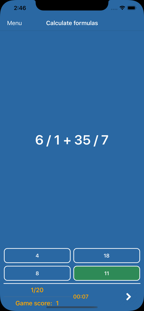 Brain and memory training Pro - Écran de défi mathématique de l'application Brain and memory training Pro montrant une formule et des options de réponse à choix multiples.