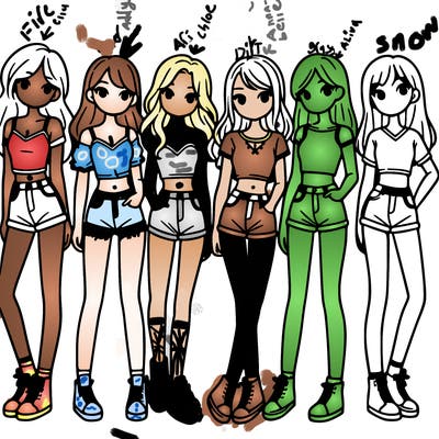 a group of girls wearing crop tops and shorts