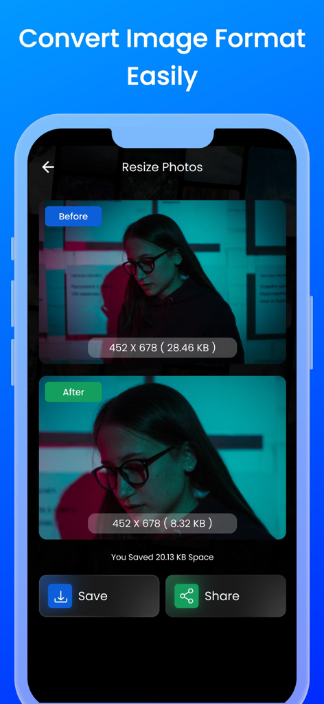 Picture Size Resizer - Vorher-Nachher-Vergleich der Bildkompression, der reduzierte Dateigröße und gespeicherten Speicherplatz zeigt