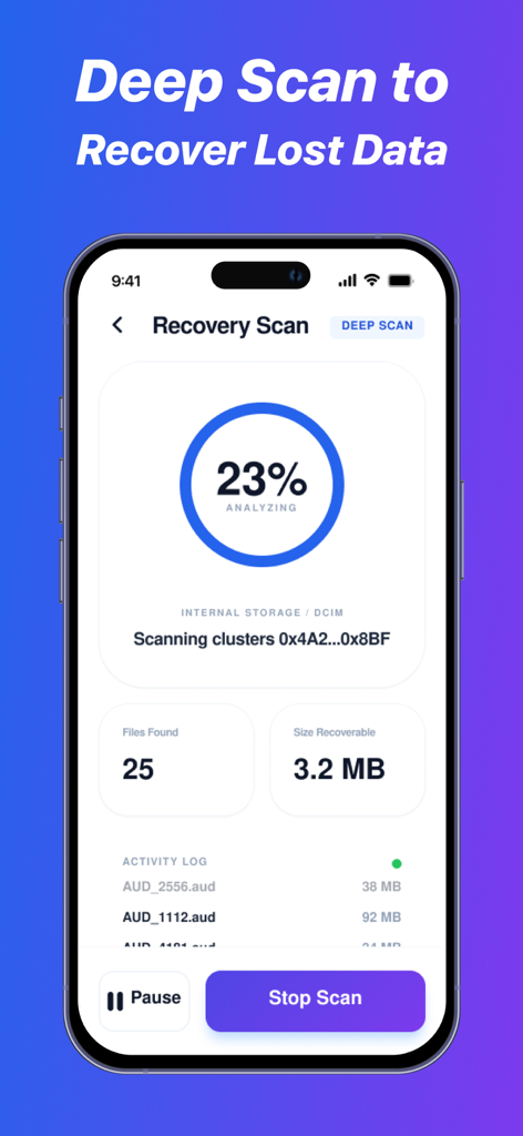 DiskDigger Pro File Recovery - DiskDigger Pro 앱 인터페이스에 손실된 데이터를 복구하기 위한 딥 스캔 진행률이 표시됨
