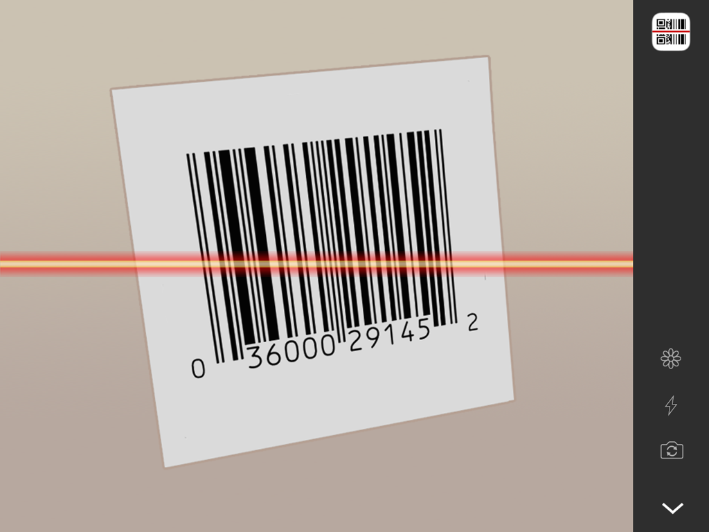 Schermata dell'iPad che mostra l'app QR Reader mentre scansiona un codice a barre di un prodotto.