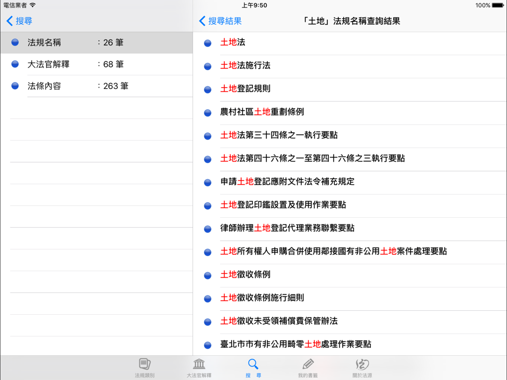 Search results interface of the Lawbank Legal Database app on iPad showing various Taiwanese land laws