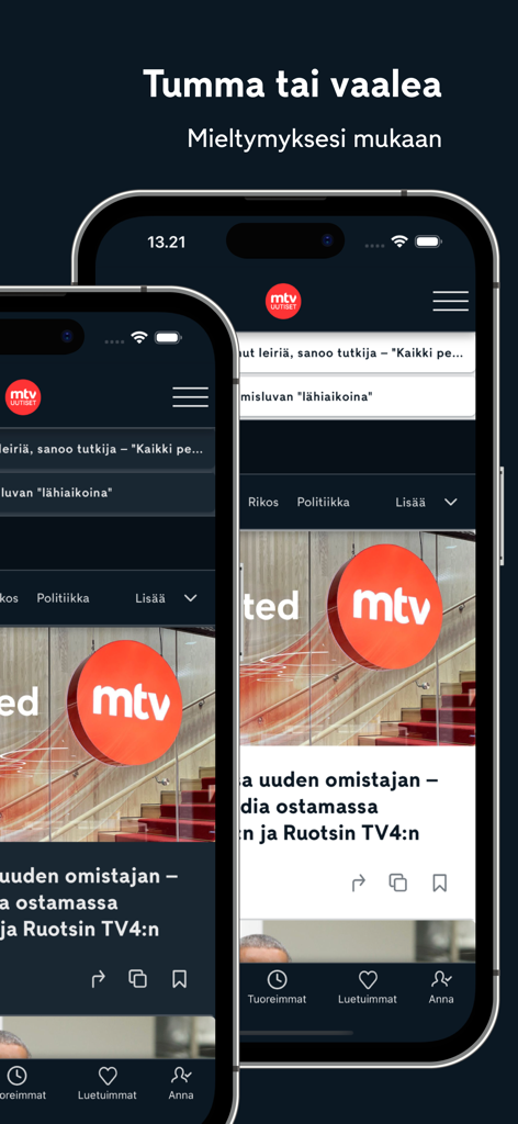 La aplicación MTV Uutiset muestra opciones de interfaz en modo oscuro y claro en iPhones.