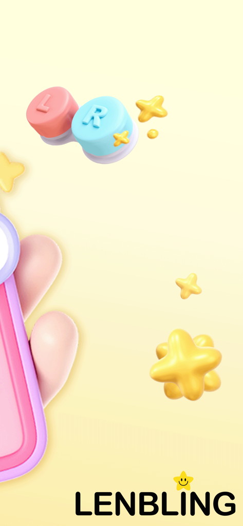 LENBLING - LENBLING shopping app interface featuring 3D contact lens case graphics and stars on a pastel yellow background