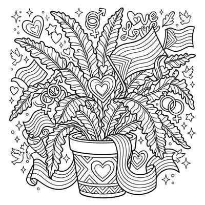 Immerse yourself in a vibrant celebration of love and nature with this unique Kimberly Queen Fern coloring page, beautifully adorned with Pride Month symbols. It's a perfect way to express creativity and support for diversity through art.