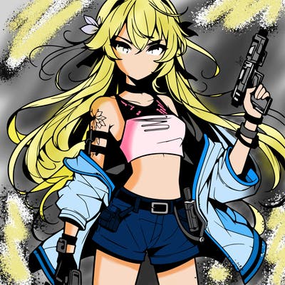 bad girl wearing crop top holding a gun long hair anime