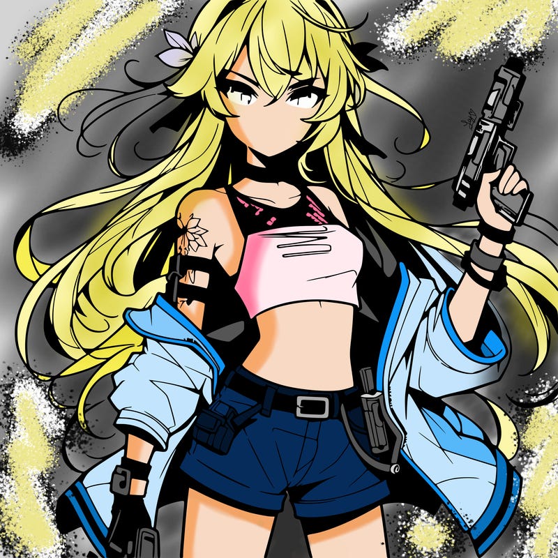 bad girl wearing crop top holding a gun long hair anime
