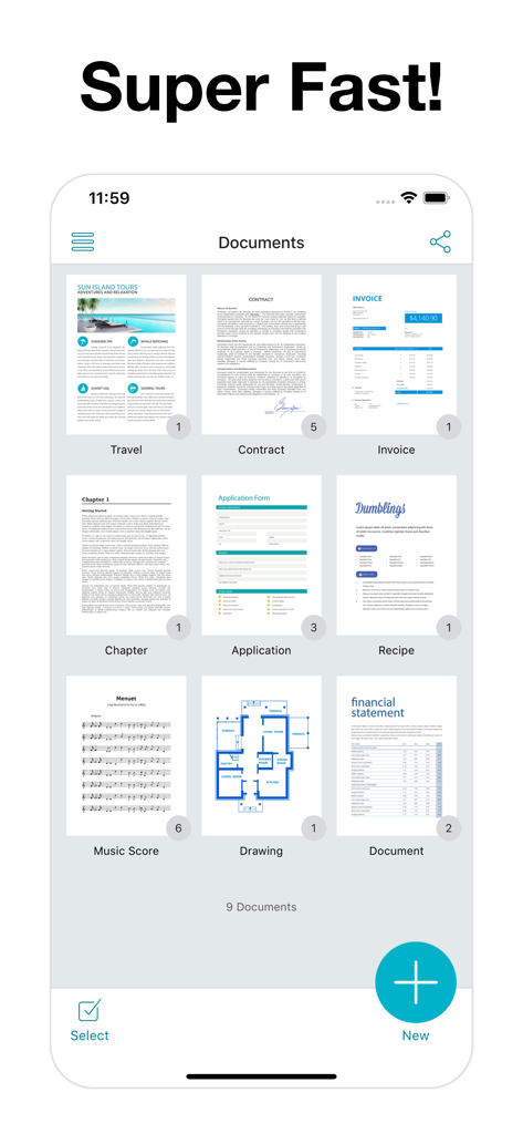 Vue du tableau de bord de Scan App Plus affichant une grille de différents types de documents numérisés