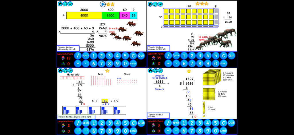4th Grade Math - Math Galaxy - Screenshots from the 4th Grade Math Galaxy app featuring multiplication and long division exercises with visual aids