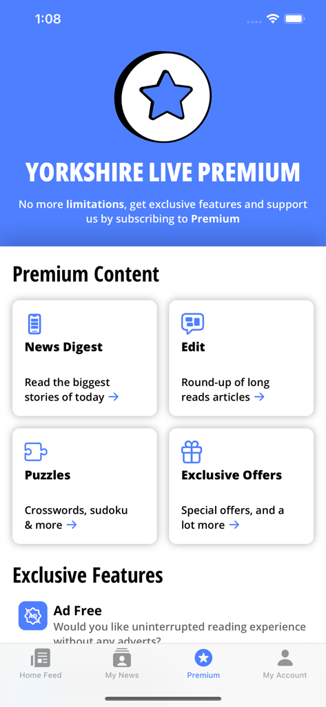 Yorkshire Live - Yorkshire Live app premium subscription page showing exclusive content and features like news digest puzzles and ad-free reading