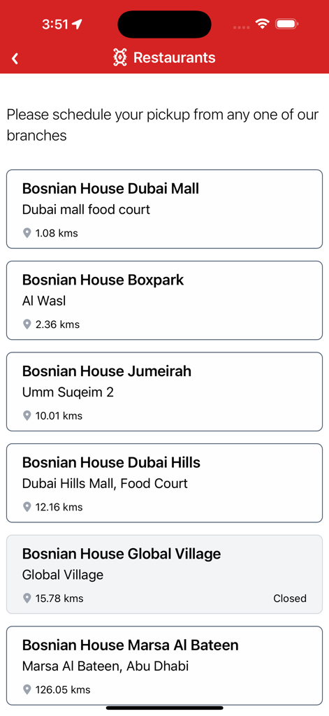 Bosnian House - A list of Bosnian House restaurant branches showing their locations and distances for order pickup