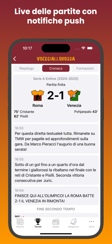 Voce Giallorossa app live match report screen showing Roma versus Venezia 2-1 final score