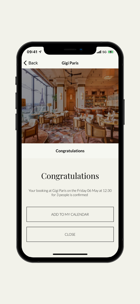 Booking confirmation screen for Gigi Paris restaurant in the Paris Society app