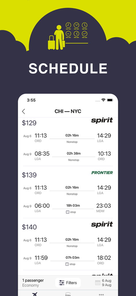 Flight schedule and ticket prices for Chicago to New York on the Airways.Sale app