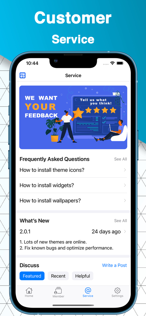 Themery - Widget & Icon Themes - Themery app customer service screen showing frequently asked questions and feedback options
