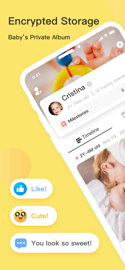 Screenshot dell'app Bebememo che evidenzia l'archiviazione crittografata e un album fotografico privato per bambini con interazioni sociali familiari.