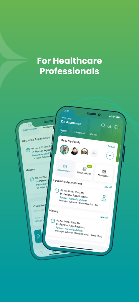 DHA - DHA mobile app interface for healthcare professionals featuring appointment history and medical records
