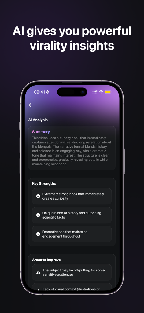 Blow Up: Go Viral With AI - Interface de l'application Blow Up affichant une analyse vidéo IA avec des informations sur la viralité et les points forts