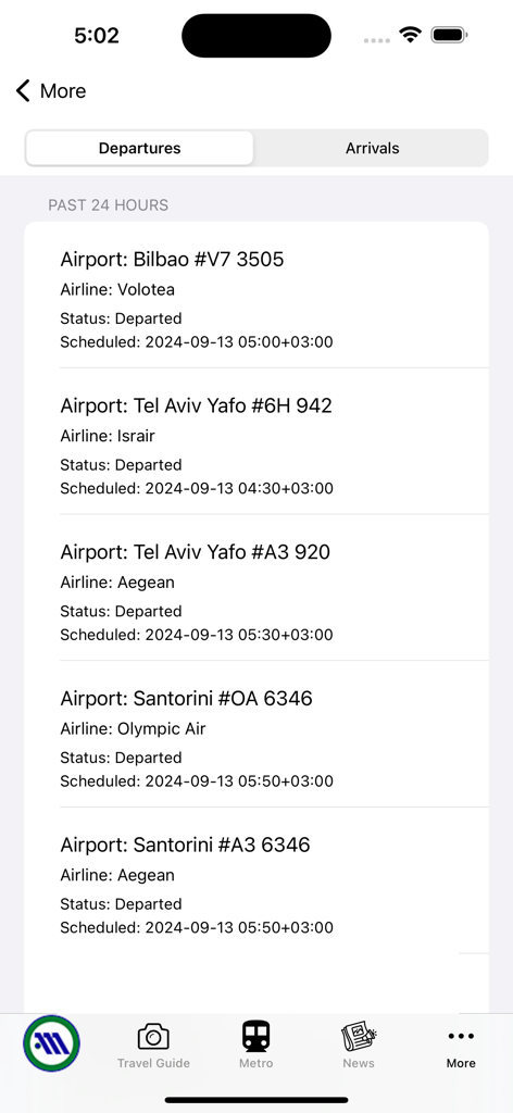 Athens Subway Map - Un elenco delle partenze dei voli dall'aeroporto di Atene che mostra le compagnie aeree, lo stato e gli orari previsti nell'app