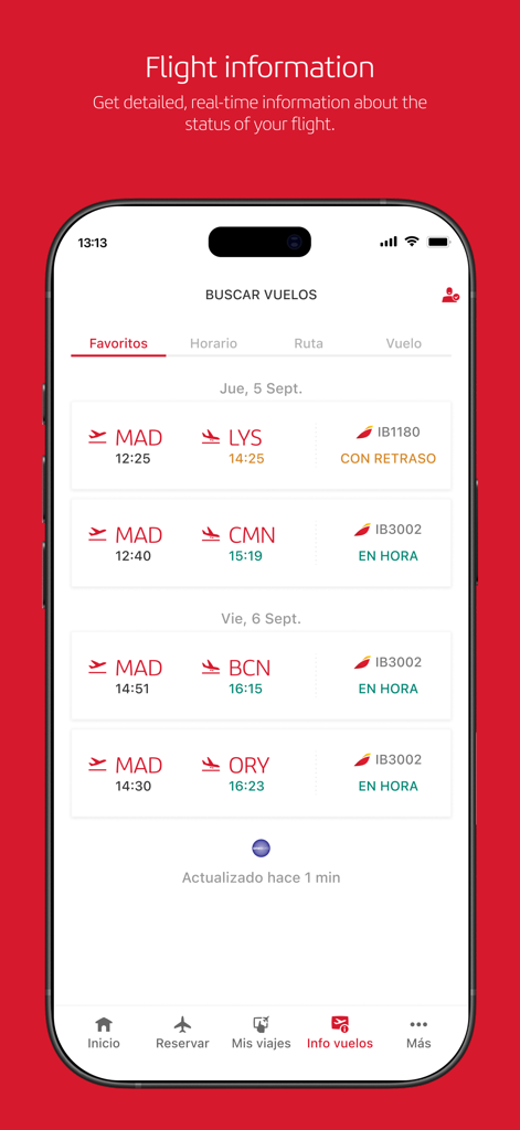 Interfaz de la aplicación Iberia mostrando información de estado de vuelos y actualizaciones en tiempo real para múltiples salidas
