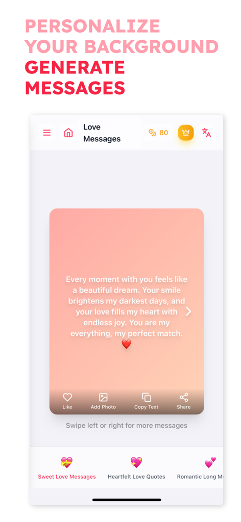 Love Messages - Create & Share - Una cita romántica mostrada en un fondo personalizable de degradado melocotón dentro de la interfaz de la aplicación Mensajes de Amor.