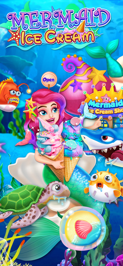 Mermaid Ice Cream - Mermaid princess holding two colorful ice cream cones surrounded by fish and turtles