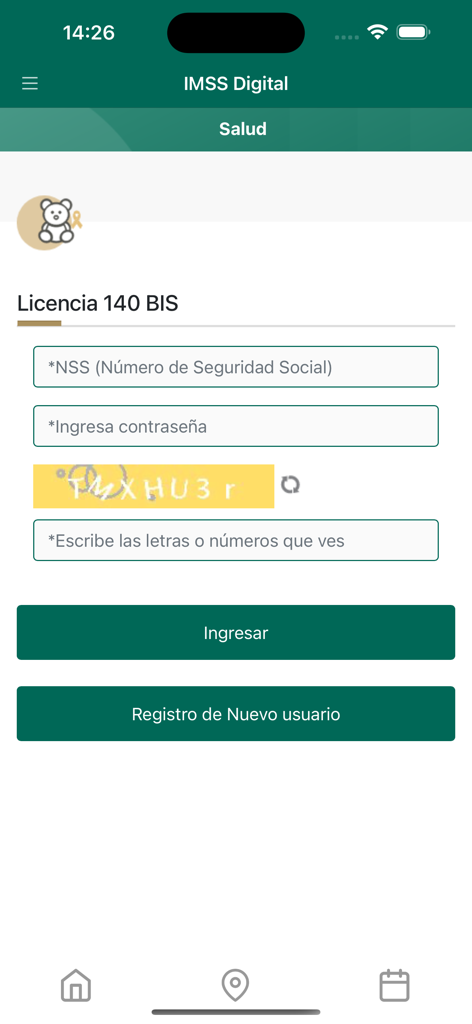 IMSS Digital - IMSS Digital mobile app login screen for Licencia 140 BIS with fields for Social Security Number and password