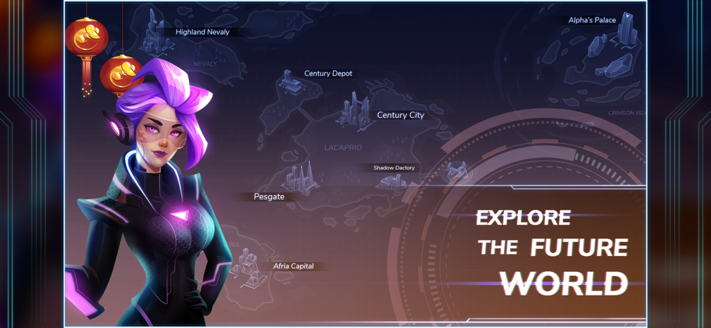 Guerrera cyberpunk de pie junto a un mapa de un mundo futurista con ubicaciones como Century City y Afria Capital