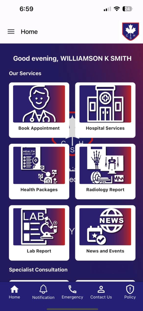 Tela inicial do aplicativo móvel Canadian Specialist Hospital com ícones para agendamento de consultas, pacotes de saúde e relatórios médicos