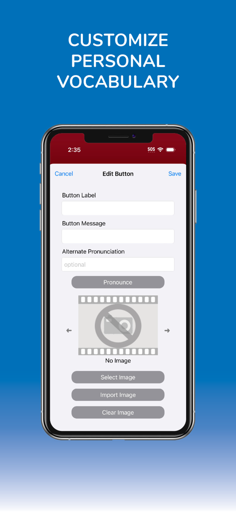 Bildschirm zum Bearbeiten von Schaltflächen und Anpassen des persönlichen Wortschatzes in der LAMP Words For Life AAC-App.