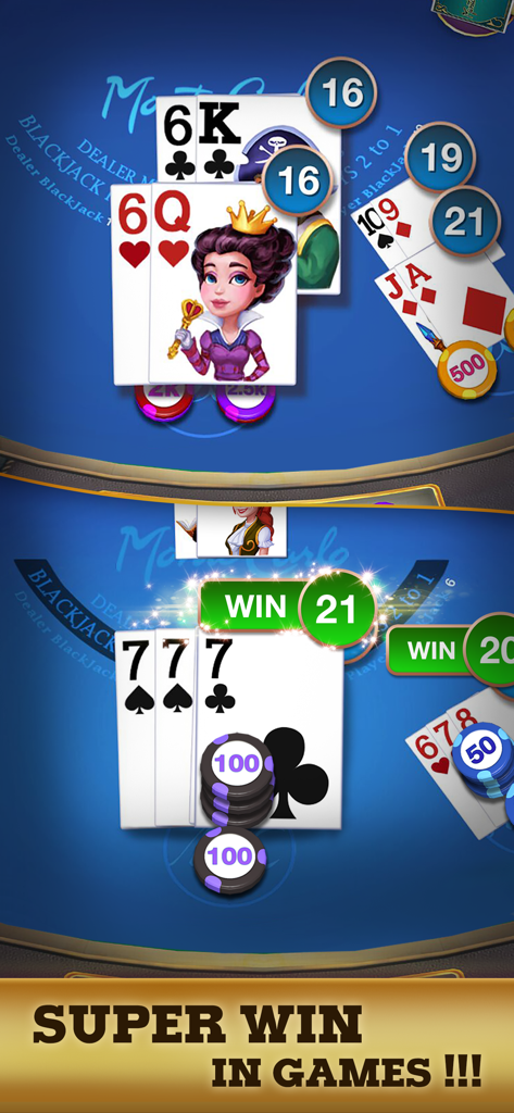 Blackjack 21: Casino Poker - Mobile blackjack game screen showing a winning hand with triple sevens and stacks of casino chips