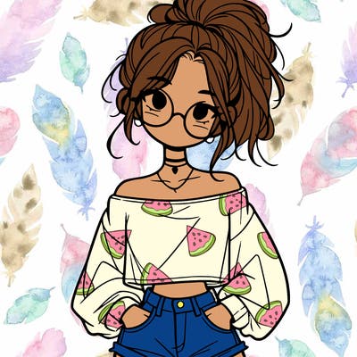 girl with a messy ponytail glasses a baggy crop top and jean shorts