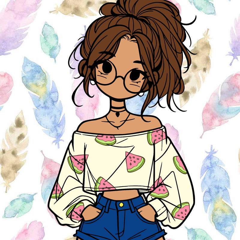 girl with a messy ponytail glasses a baggy crop top and jean shorts