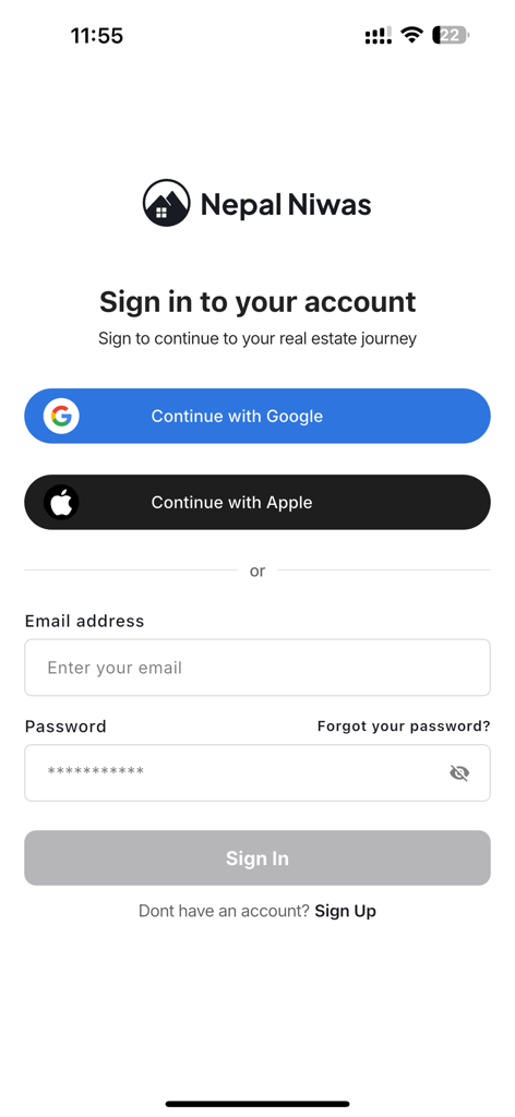 Nepal Niwas - Login screen for the Nepal Niwas real estate app featuring social sign in and email options