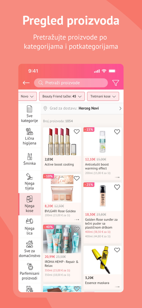 Cosmetics BF - A mobile app interface displaying a product catalog with various cosmetics and a side navigation bar for categories