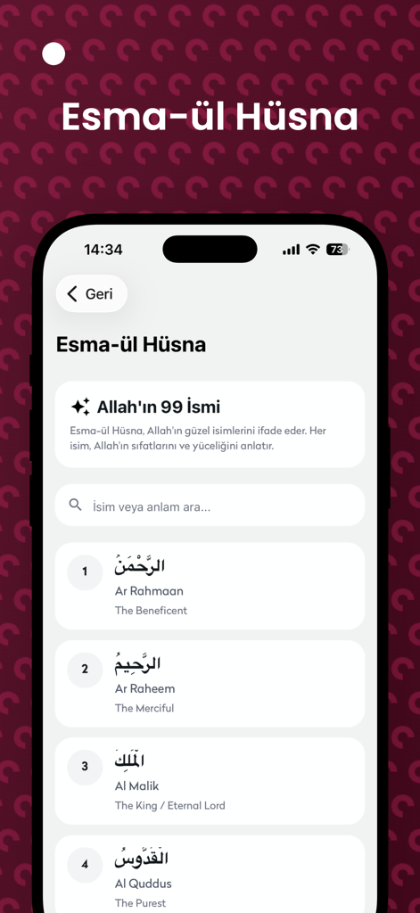 App-Oberfläche mit den 99 Namen Allahs in arabischer Sprache mit englischer und türkischer Übersetzung