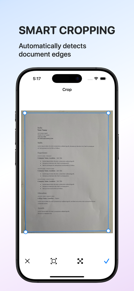 Scan.AI - AI Scan & Format - iPhone screen showing Scan.AI app automatically detecting document edges for smart cropping a resume