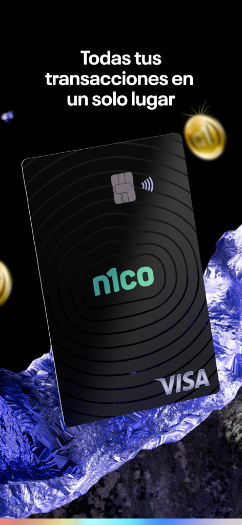 n1co - Black n1co Visa debit card displayed against a dark background with Spanish text saying Todas tus transacciones en un solo lugar