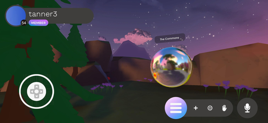 Innerworld: mental health help - A screenshot of the Innerworld app showing a 3D virtual landscape with a starry sky and a navigation portal labeled The Commons.