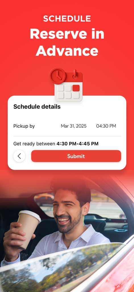 Uride Passenger app interface showing the Reserve in Advance feature for scheduling a ride.