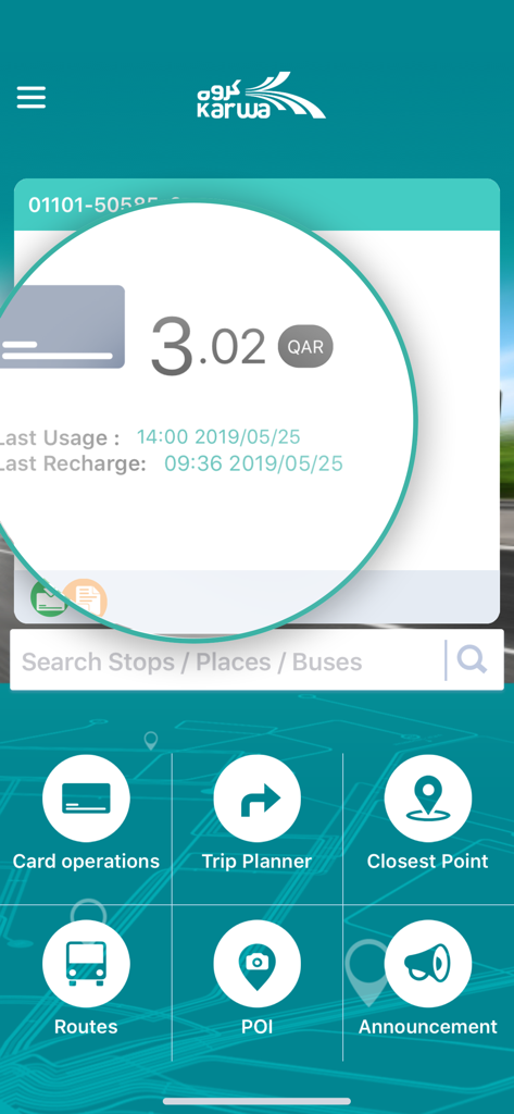 Karwa Journey Planner app home screen showing smart card balance and navigation icons