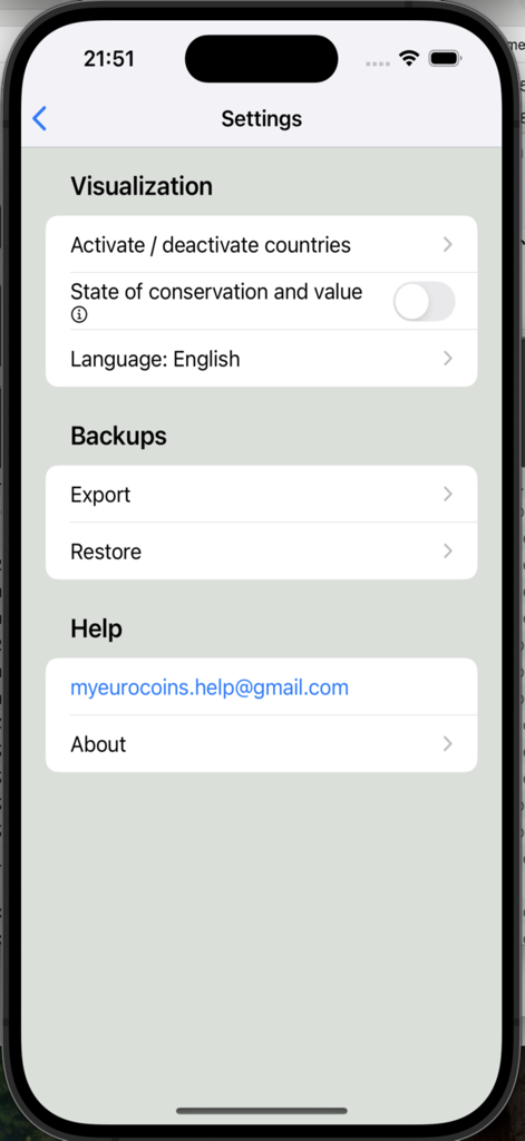 Menú de configuración de la aplicación Mis Monedas de Euro que muestra opciones de visualización y copia de seguridad