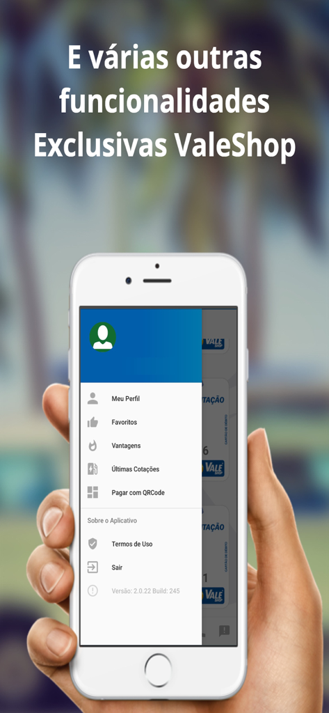 Um smartphone exibindo o menu de navegação lateral do aplicativo ValeShop Beneficios com configurações de perfil e opções de pagamento por código QR